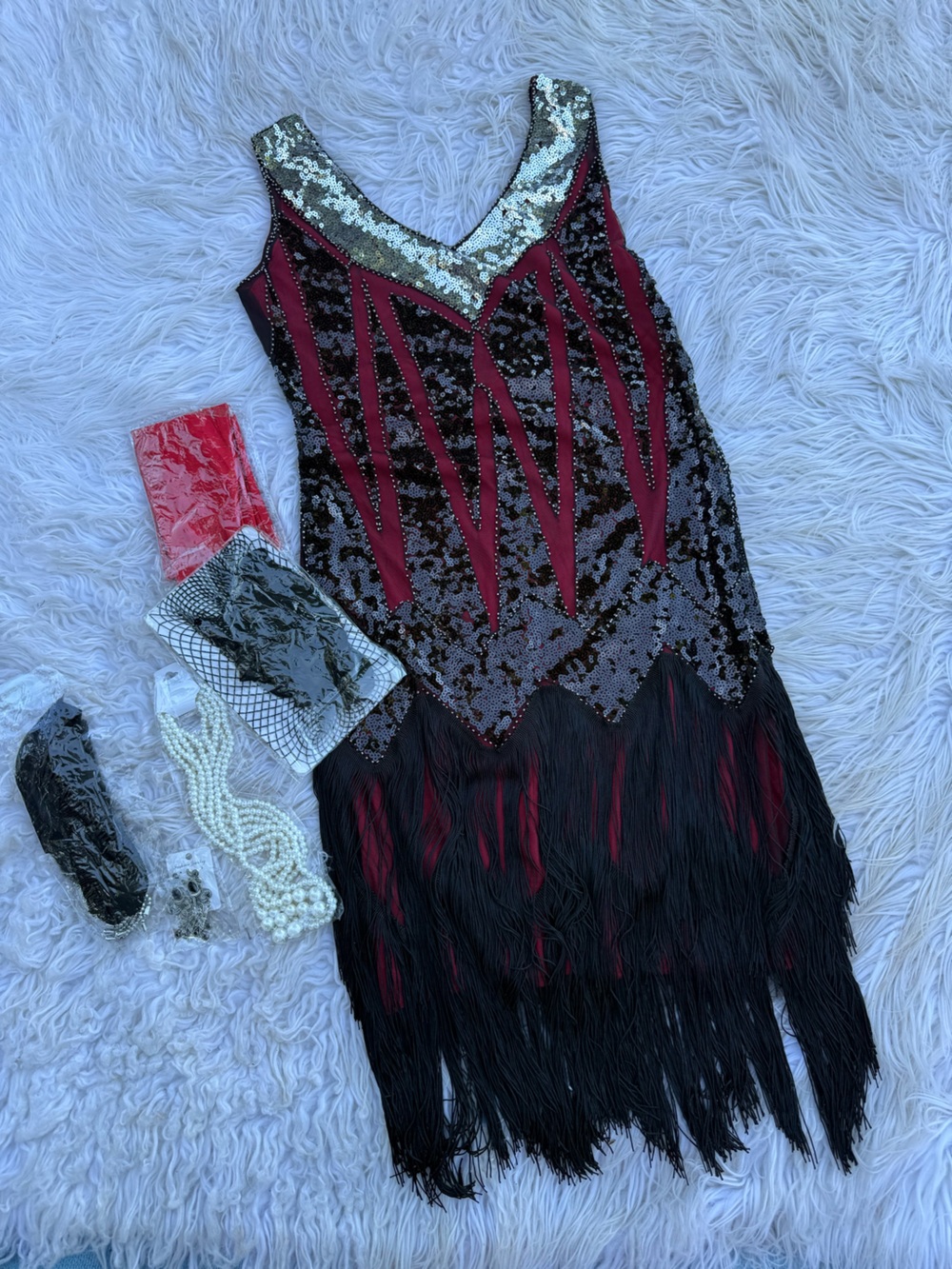 Womens Red and Black Sequin Flapper Costume Dress with Fringe (D8)